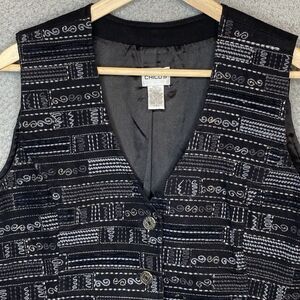 Chicos Vest Embroidered Art to Wear Western Rodeo Cotton Black Denim Sz Lg